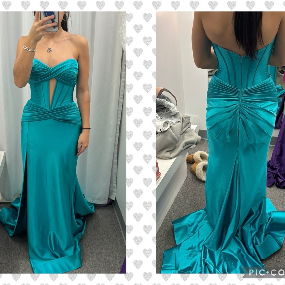 Sherri Hill Teal Strapless Prom Dress - Size 00 - Picture 2 of 2